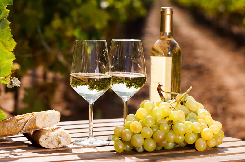 glass of white wine grapes and bread on table in field